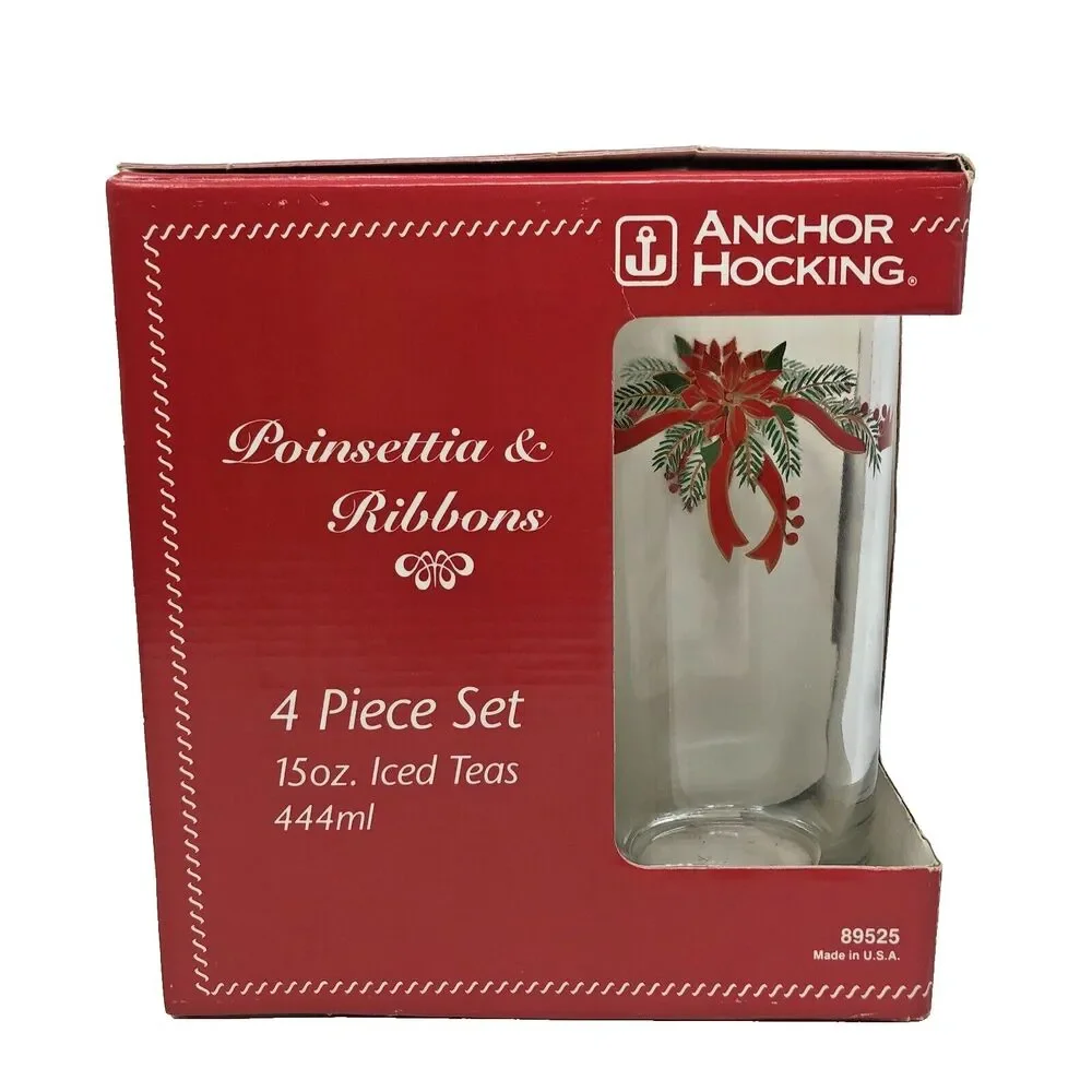 Anchor Hocking Poinsettia & Ribbon Tumblers Holiday Iced Teas 16 oz Set of 4 NEW